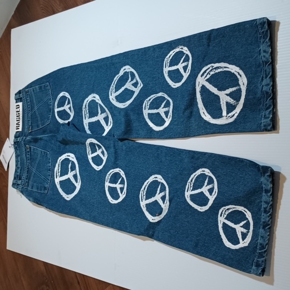Ragged Jeans Blue High Waisted Straight Leg White Peace Sign Print A24 - Picture 2 of 8